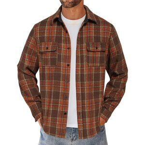 Men Brown Flannel Shirts Long Sleeve Cotton Plaid Shirt Casual Button Down Shirt